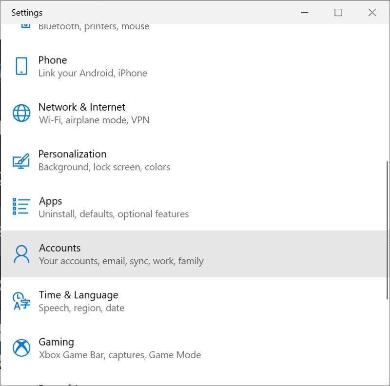 Màn hình tài khoản trong Settings Windows, hiển thị tùy chọn "Accounts" để truy cập các cài đặt liên quan đến cách cài mk laptop HP