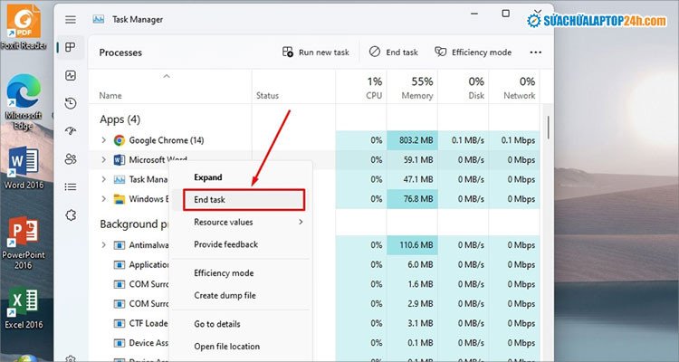 Màn hình Task Manager của Windows, hiển thị cách tắt các tiến trình nền để giảm nhiệt độ laptop gaming