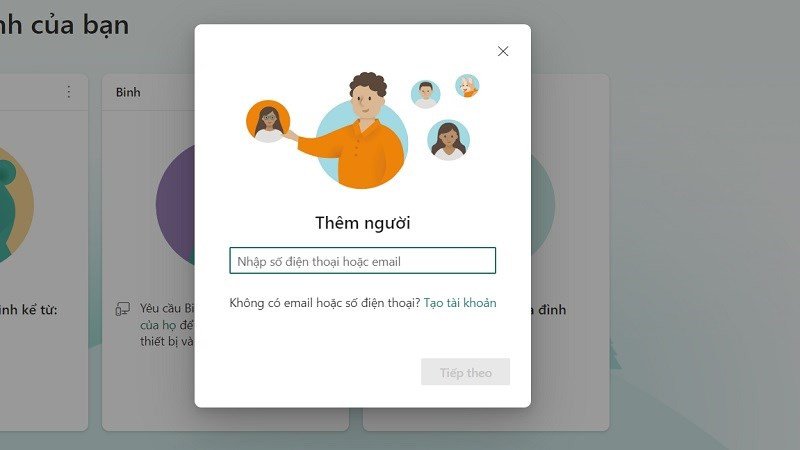 Màn hình thêm thành viên vào nhóm gia đình trên Microsoft Family Safety.