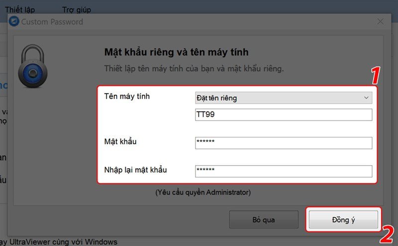 Màn hình thiết lập tên và mật khẩu riêng cho máy tính trong UltraViewer