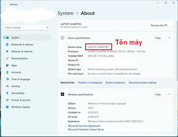 Màn hình thông tin hệ thống Windows hiển thị tên thiết bị và cấu hình