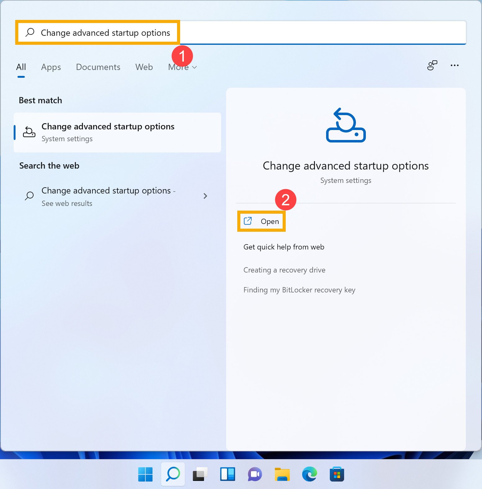 Màn hình tìm kiếm cài đặt khởi động nâng cao trên Windows 11 để vào BIOS laptop Asus Vivobook
