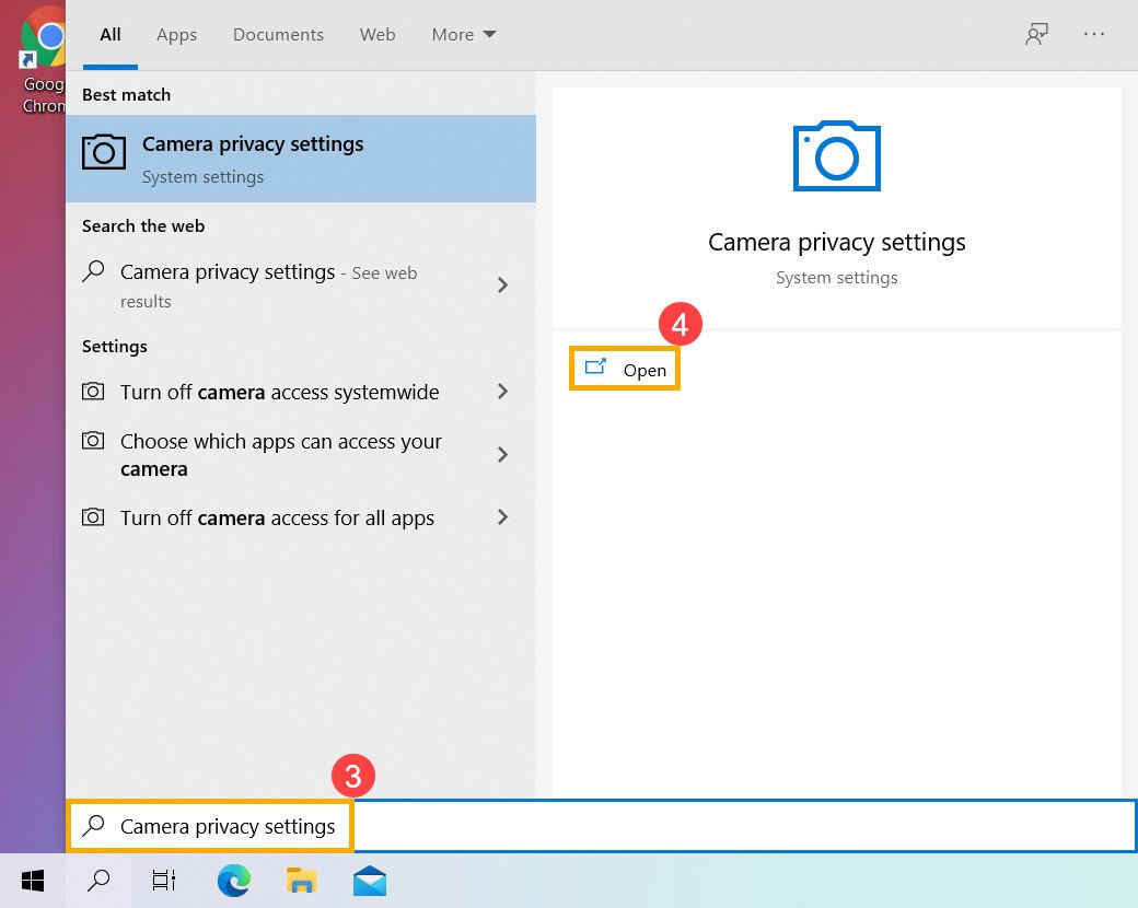 Màn hình tìm kiếm cài đặt quyền riêng tư camera để thiết lập camera Asus trên Windows 10.