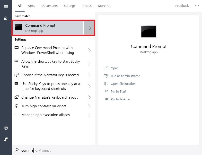 Màn hình tìm kiếm Command Prompt trên Windows
