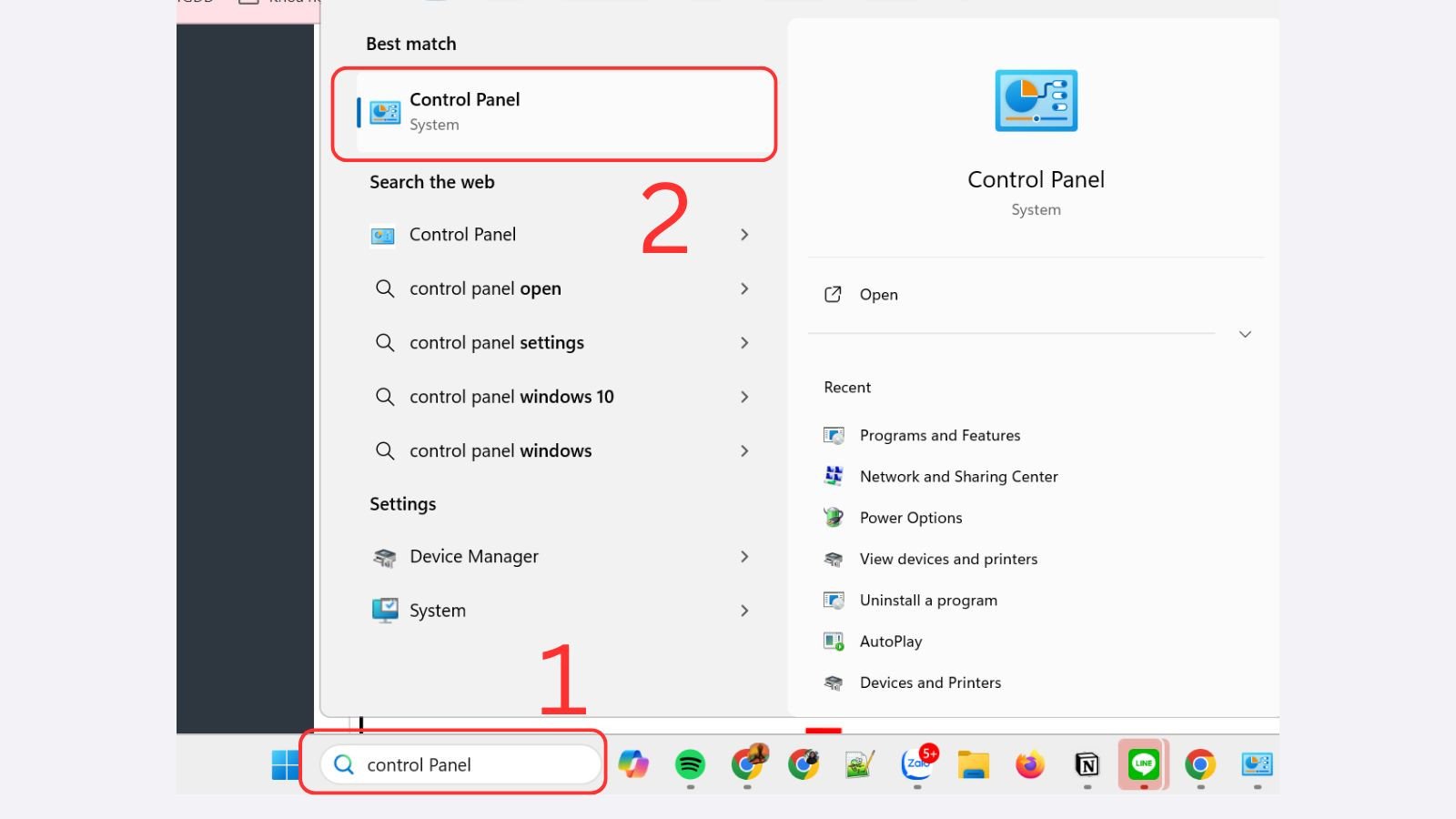 Màn hình tìm kiếm Control Panel trên Windows để xử lý lỗi phím số không hoạt động
