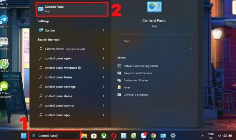 Màn hình tìm kiếm Control Panel trên Windows