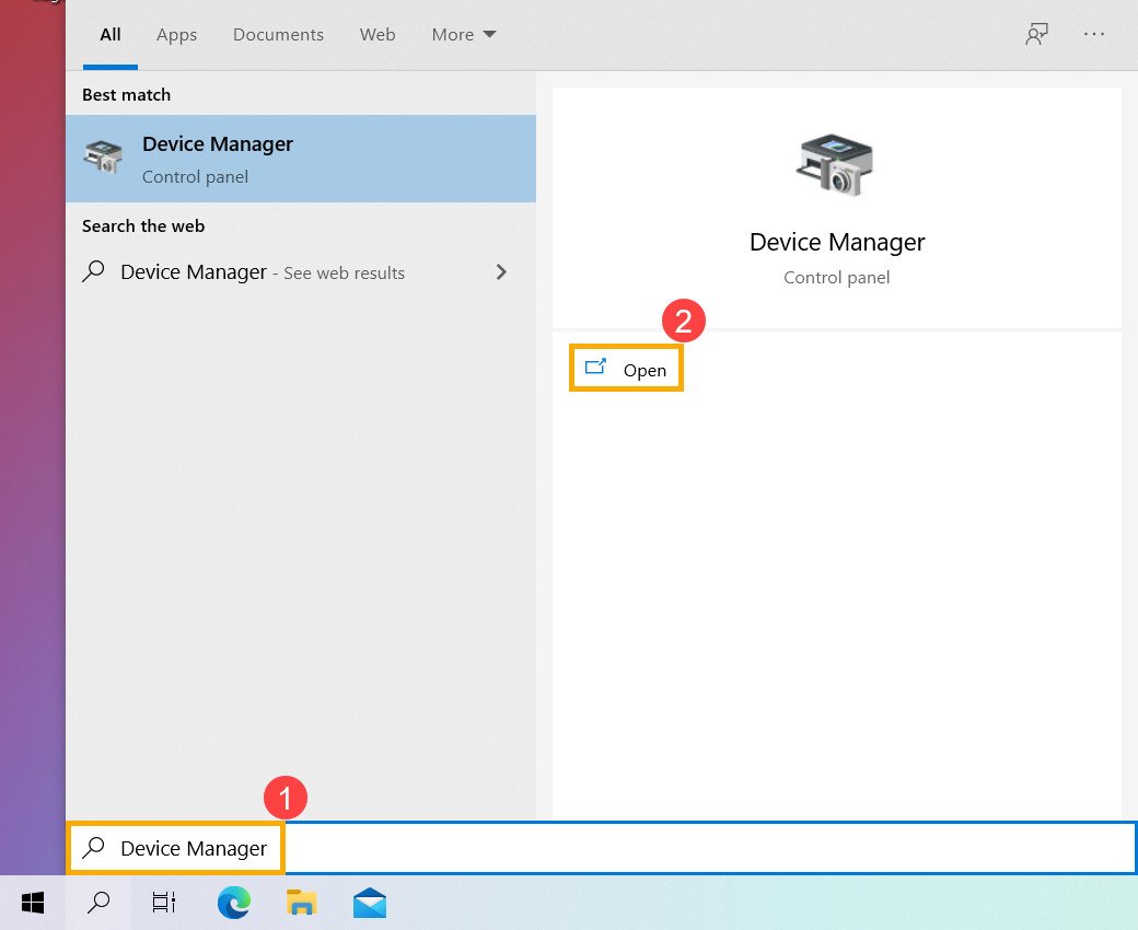 Màn hình tìm kiếm Device Manager trên Windows 10 để quản lý cảm ứng