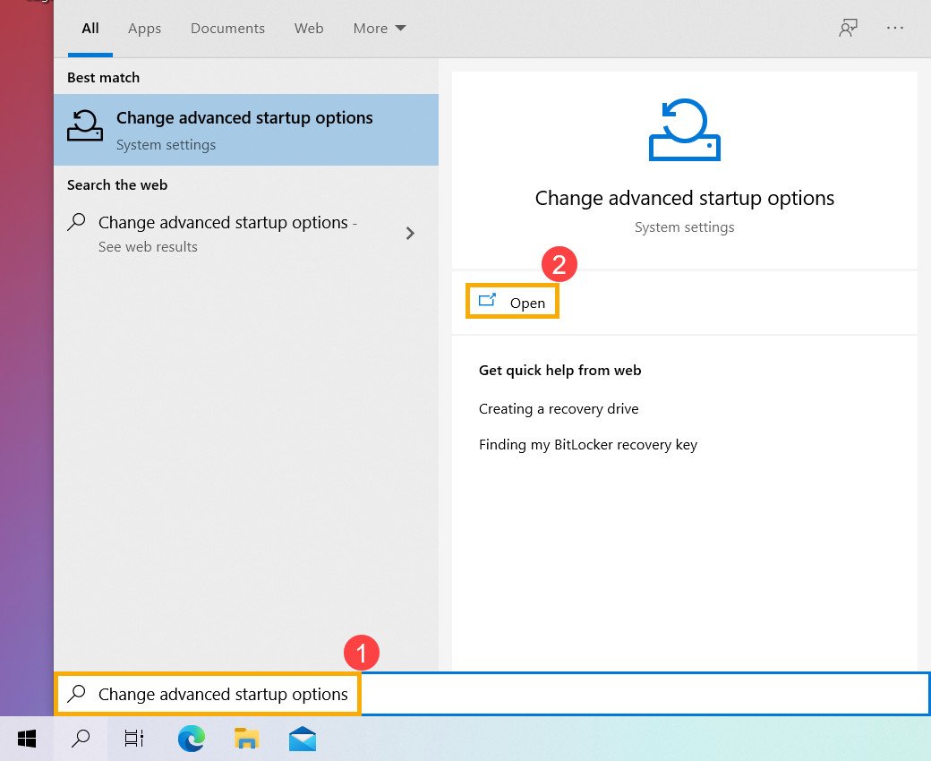 Màn hình tìm kiếm tùy chọn khởi động nâng cao trên Windows 10 cho laptop Asus Vivobook