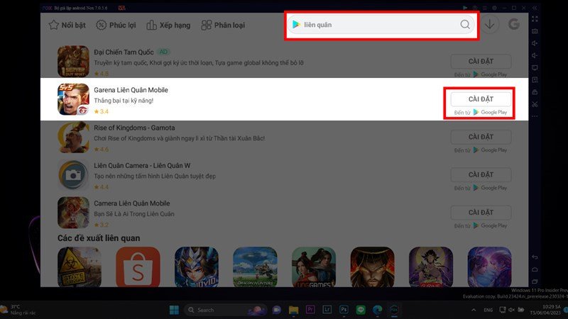 Màn hình tìm kiếm và cài đặt game Liên Quân Mobile trong App Center của giả lập NoxPlayer.