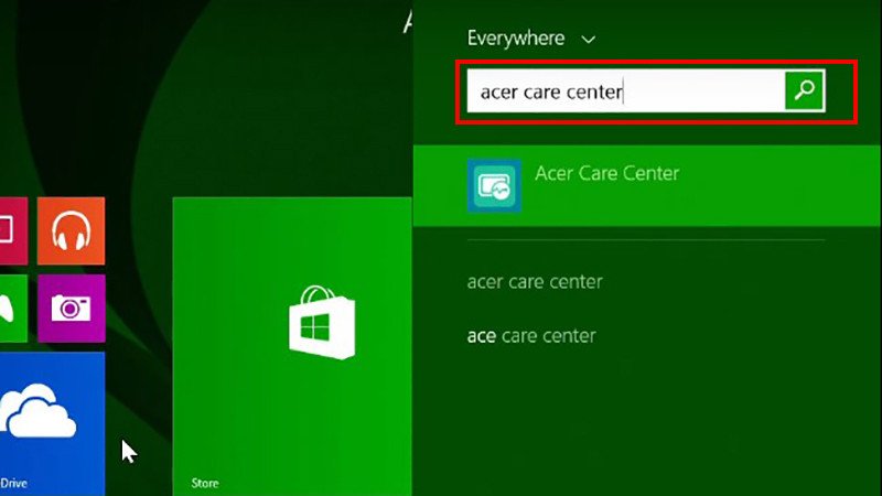 Màn hình tìm kiếm và mở ứng dụng Acer Care Center để xem thông tin bảo hành laptop Acer