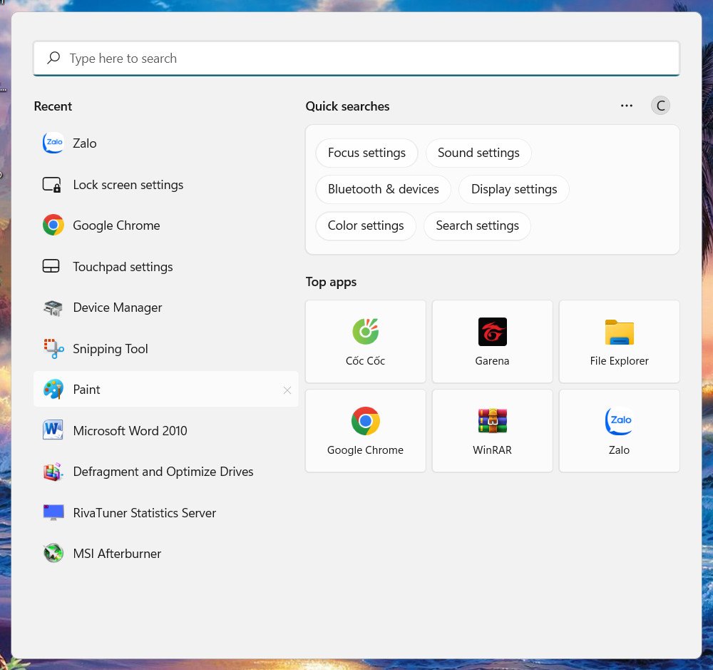 Màn hình tìm kiếm và truy cập cài đặt trên Windows để thay đổi mật khẩu laptop Lenovo