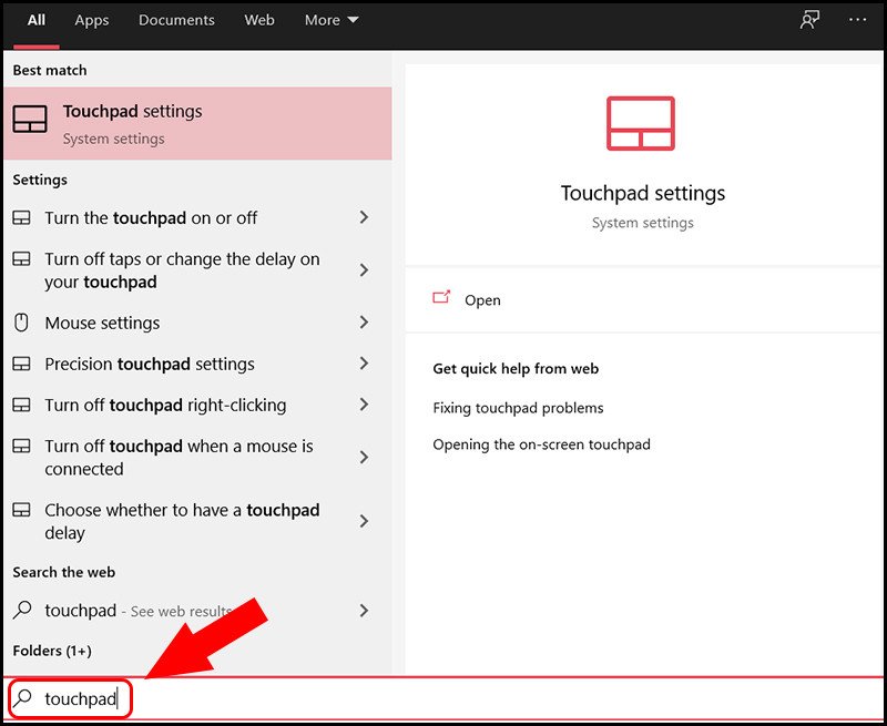 Màn hình tìm kiếm Windows với từ khóa "touchpad" để truy cập cài đặt