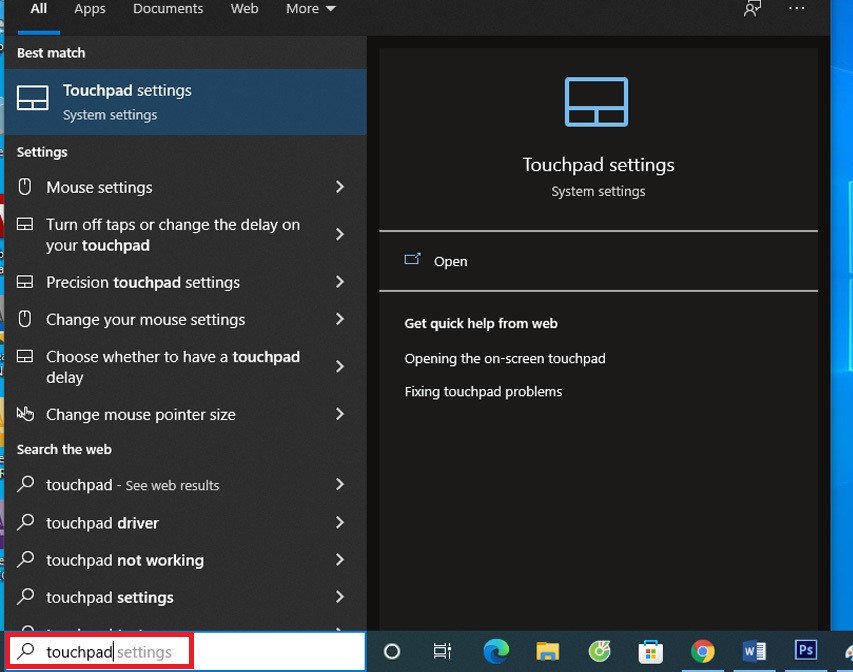 Màn hình tìm kiếm Windows với từ khóa "touchpad", hướng dẫn cách mở con chuột trên laptop khi không có chuột rời.