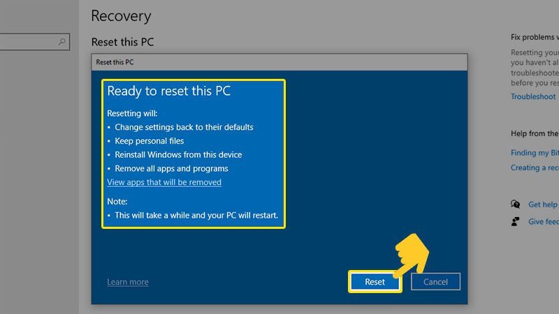 Màn hình tổng quan các thay đổi và nút Reset để bắt đầu khôi phục