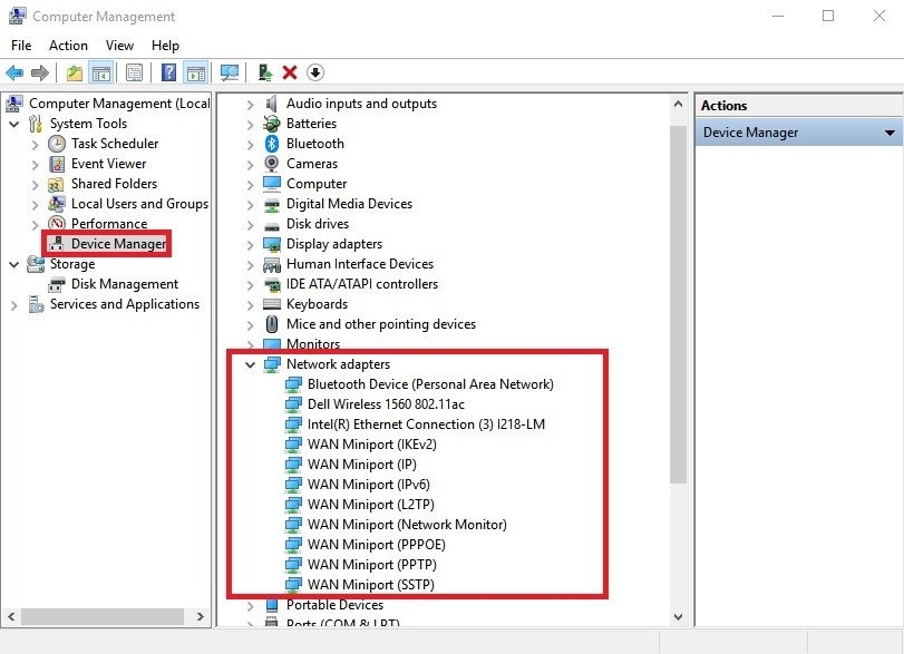 Màn hình Trình quản lý thiết bị, tập trung vào Network adapters