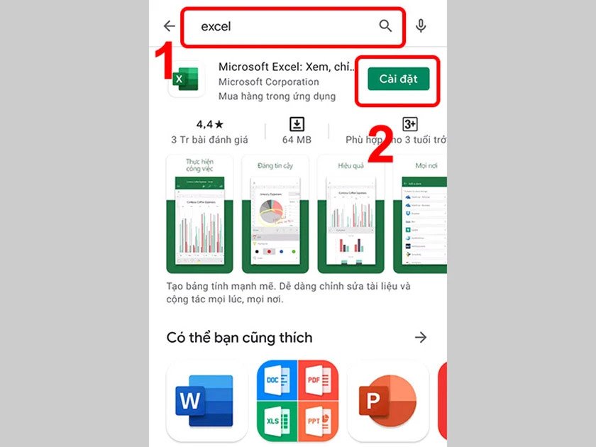 Màn hình ứng dụng CH Play hiển thị nút cài đặt Excel trên điện thoại Android