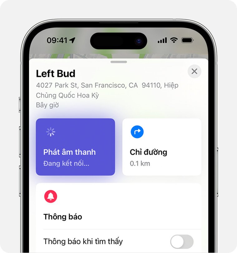 Màn hình ứng dụng Tìm với tùy chọn phát âm thanh giúp tìm tai nghe AirPod bị mất