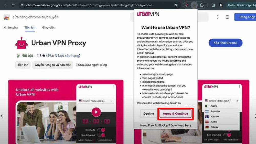 Màn hình Urban VPN với lựa chọn Agree &amp; Continue