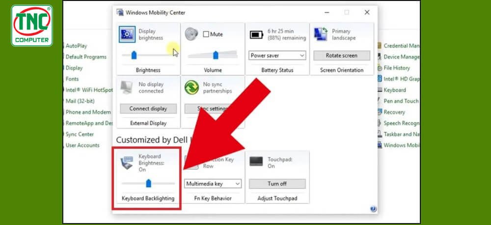 Màn hình Windows hiển thị giao diện Windows Mobility Center, nơi người dùng có thể điều chỉnh độ sáng đèn nền bàn phím laptop.