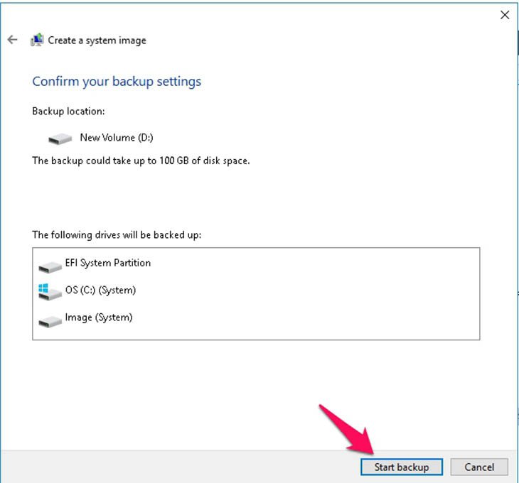 Màn hình xác nhận bắt đầu quá trình tạo file backup trên Windows 7