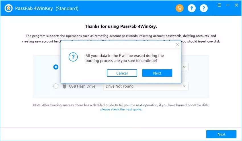 Màn hình xác nhận định dạng khi tạo đĩa khởi động bằng PassFab 4WinKey