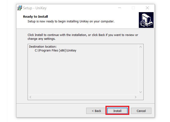 Màn hình xác nhận và bắt đầu quá trình cài đặt phần mềm Unikey trên laptop.
