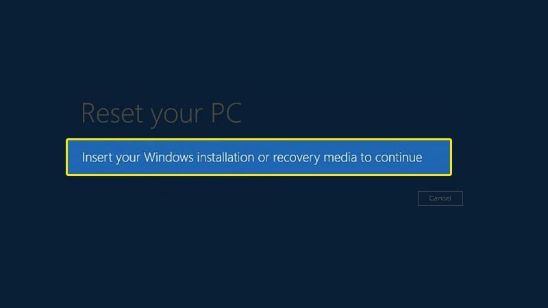 Màn hình yêu cầu chèn ổ đĩa khôi phục Windows hoặc phương tiện cài đặt
