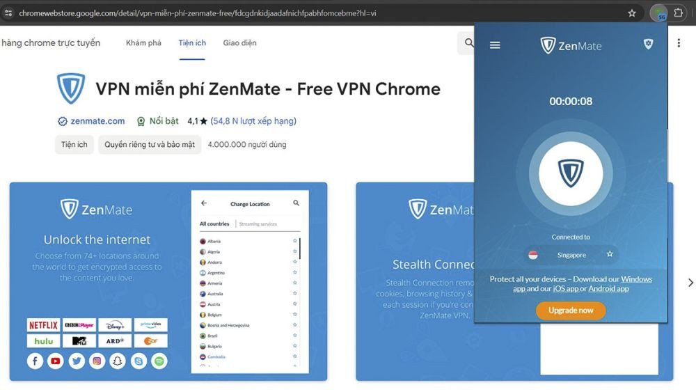 Màn hình ZenMate VPN với danh sách quốc gia để chọn máy chủ