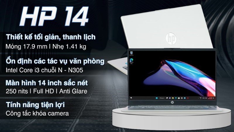 Mẫu HP 14 ep0126TU màu bạc nổi bật, đặt trên bàn làm việc hiện đại, thể hiện sự linh hoạt của một laptop HP giá rẻ cho sinh viên