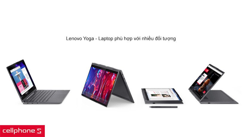 Mẫu laptop có cảm ứng màn hình Lenovo Yoga với khả năng gập xoay 360 độ, phù hợp nhiều tư thế sử dụng.