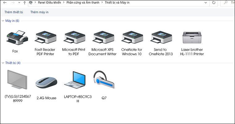 Máy in Brother đã cài đặt thành công hiển thị trong Devices and Printers