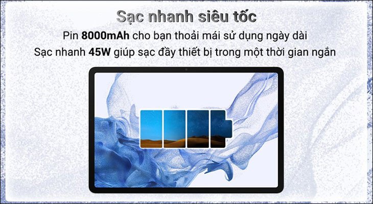 Máy tính bảng Samsung Galaxy Tab S8 với thời lượng pin bền bỉ, lợi thế khi nên mua laptop hay máy tính bảng.