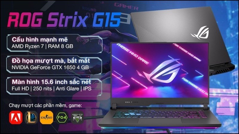 Máy tính xách tay Asus ROG Strix G15 với bộ vi xử lý AMD Ryzen 7 mạnh mẽ