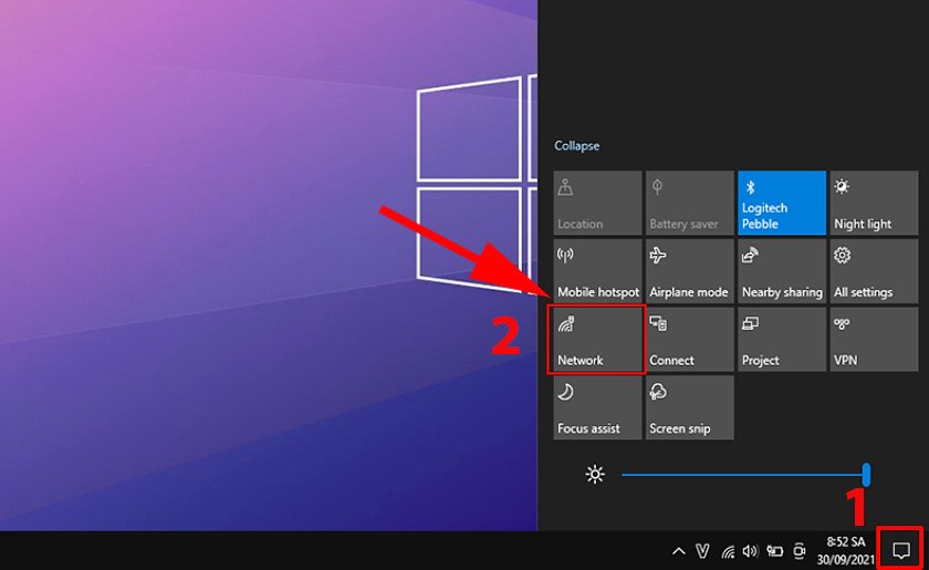 Menu Action Center trên Windows, hiển thị biểu tượng Network để quản lý cài đặt mạng