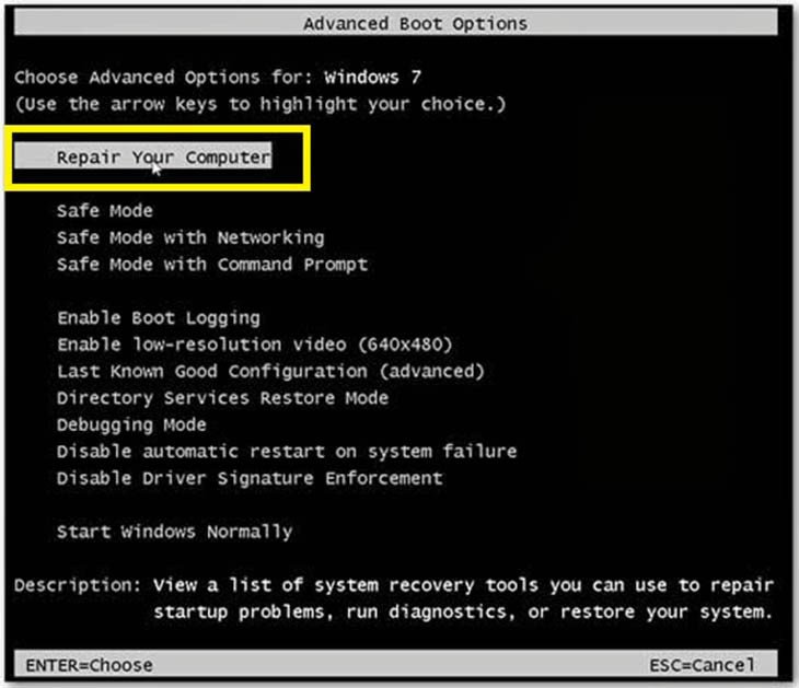 Menu Advanced Boot Options với tùy chọn Repair Your Computer trên Windows 7