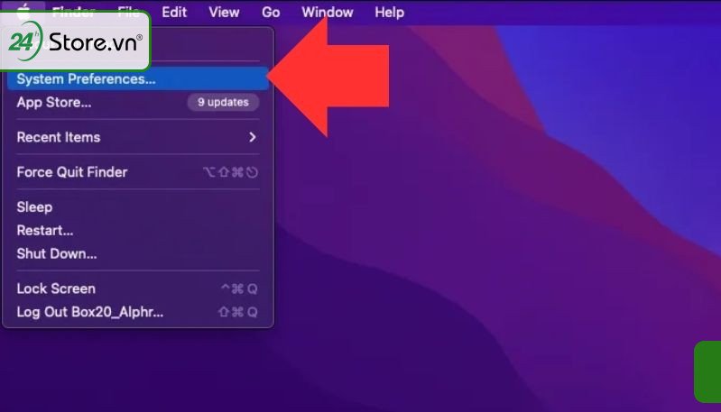 Menu Apple trên macOS, chọn Tùy chọn Hệ thống để điều chỉnh cài đặt