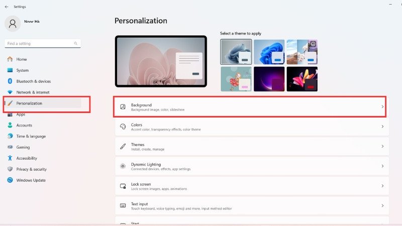 Menu cài đặt cá nhân hóa giao diện Windows, bao gồm hình nền và chủ đề