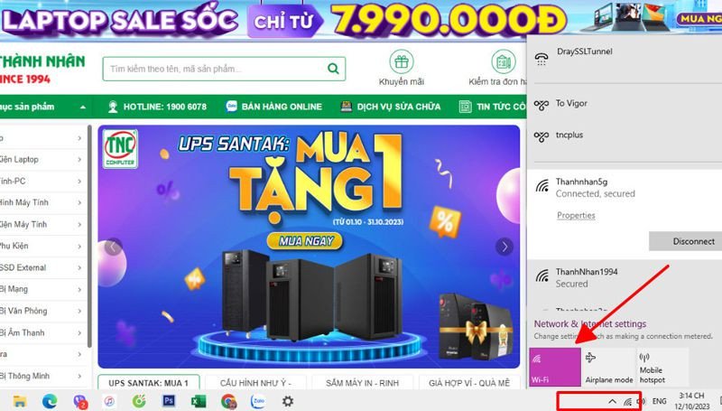 Menu cài đặt nhanh Wi-Fi trên laptop Dell