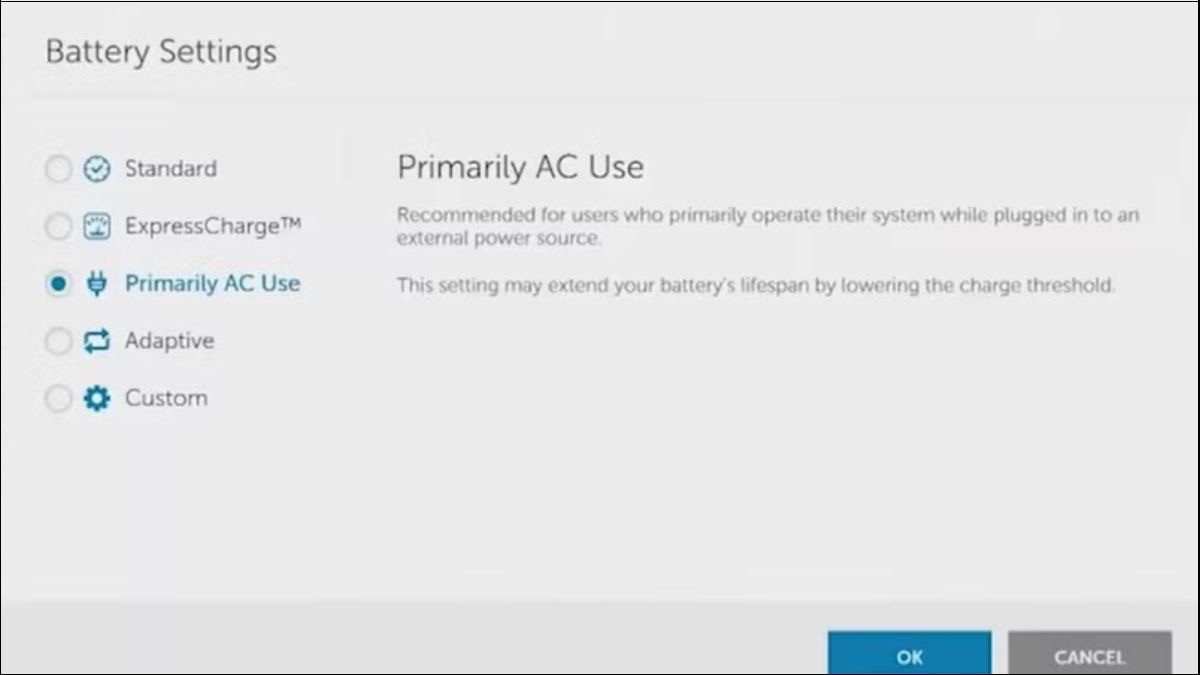 Menu cài đặt pin trong Dell Power Manager để tối ưu việc sạc