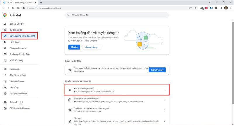 Menu cài đặt quyền riêng tư và bảo mật để xóa dữ liệu duyệt web ảnh hưởng đến wifi