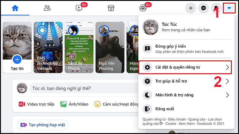 Menu Cài đặt và quyền riêng tư Facebook trên laptop