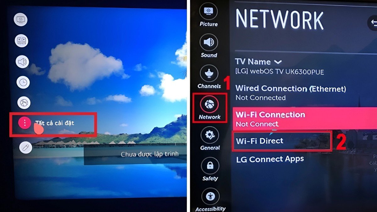 Menu cài đặt Wifi Direct trên Smart TV để kết nối không dây