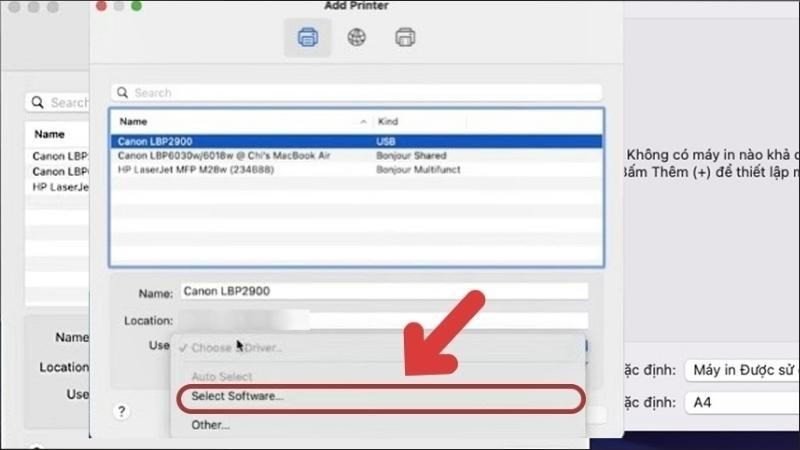 menu chọn phần mềm driver cho máy in Brother HL-L2321D trên macOS
