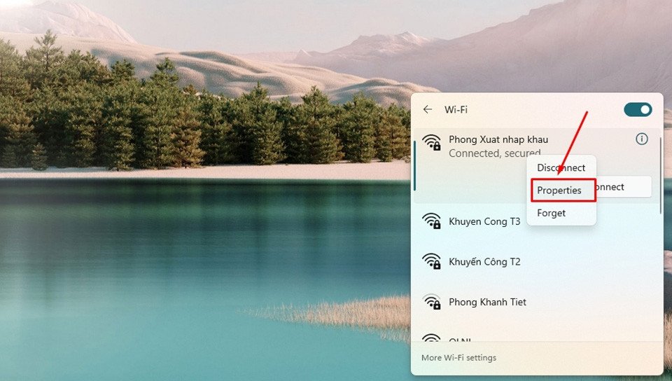 Menu chuột phải cho mạng Wi-Fi trên Windows 11, chọn "Properties" để vào cài đặt chi tiết nhằm sửa lỗi Wi-Fi chập chờn.