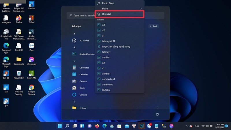 Menu chuột phải hiện ra khi chọn ứng dụng cần gỡ cài đặt trên laptop Win 11