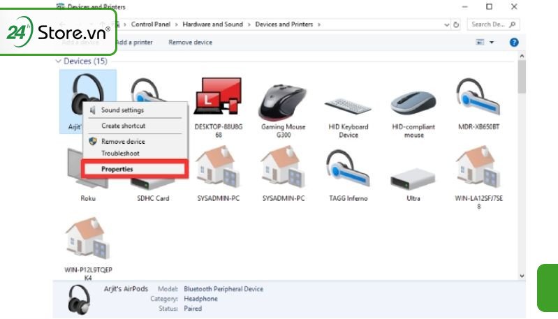 Menu chuột phải khi chọn AirPods trong Devices and Printers, với tùy chọn Properties