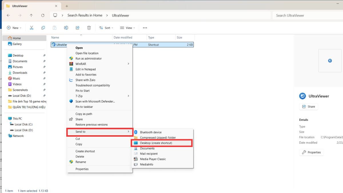 Menu chuột phải với tùy chọn "Send to" và "Desktop (create shortcut)" để tạo lối tắt UltraViewer