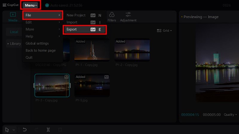 Menu Export trong CapCut để xuất video đã chỉnh sửa từ laptop