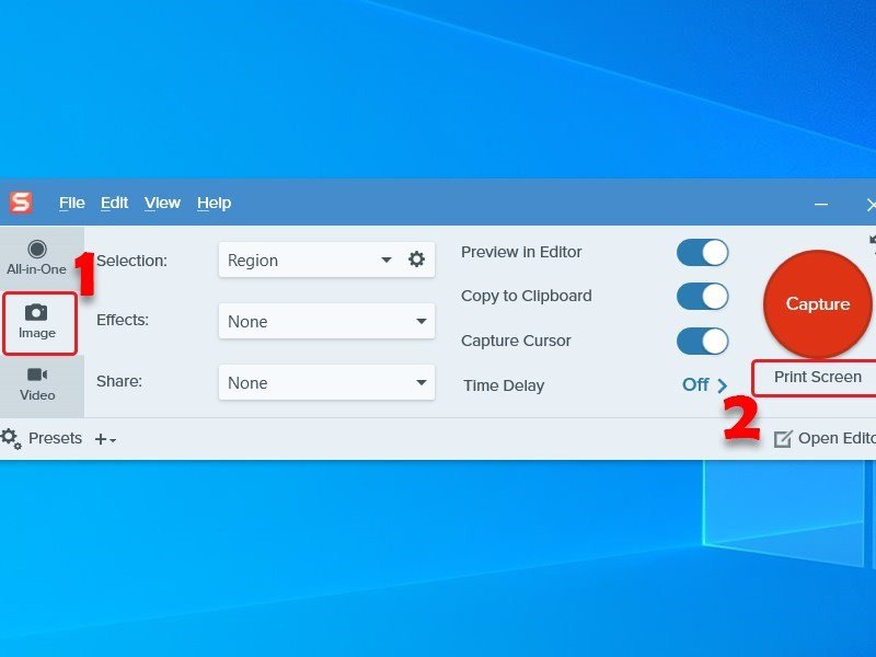 Menu "Image > Capture" trong Snagit để bắt đầu quá trình chụp ảnh màn hình