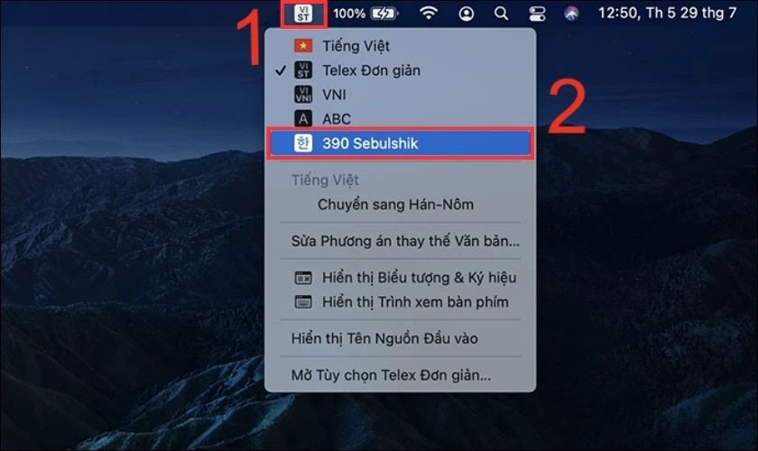 Menu ngôn ngữ trên macOS, cho phép người dùng chuyển đổi nhanh chóng sang bộ gõ tiếng Hàn.
